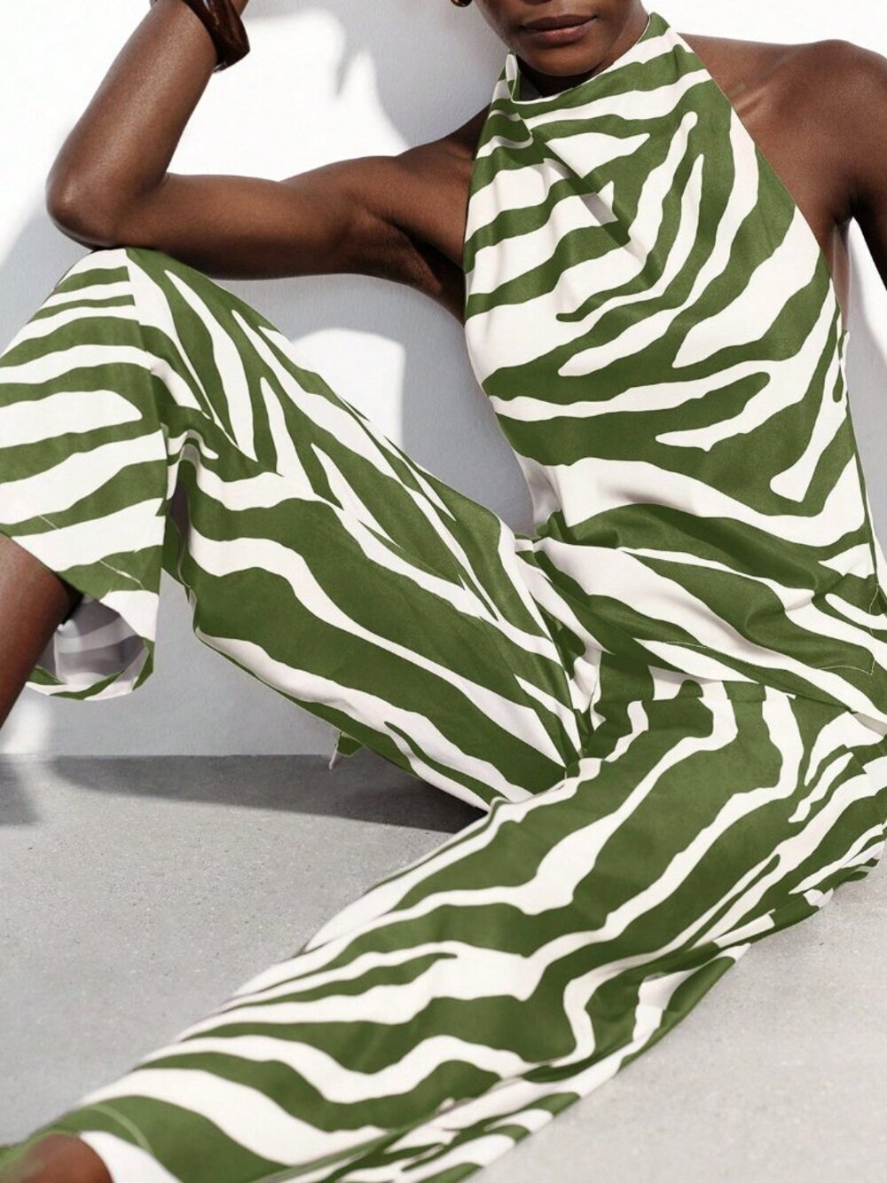 Green Sexy Women's Animal Print Halter Top & Wide-Leg Chiffon Pants 2-Piece Set